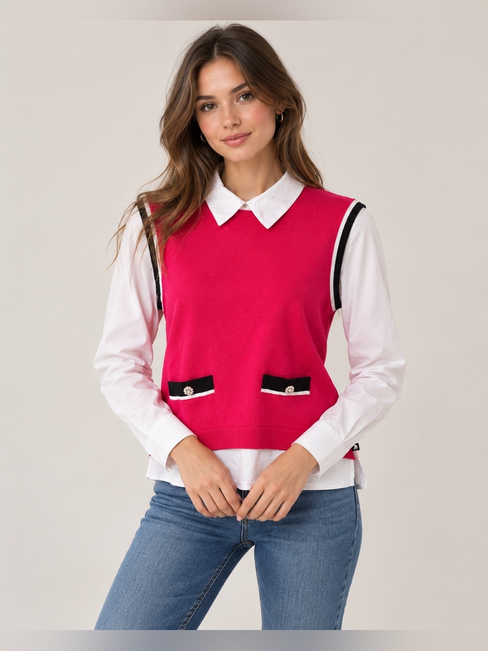 Fuchsia V-Neck Knit Vest with Contrast Trim